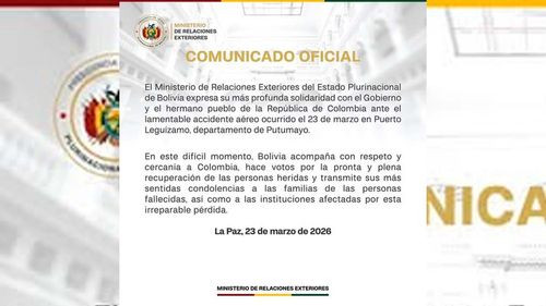Bolivia expresa solidaridad con Colombia tras accidente aéreo en Putumayo