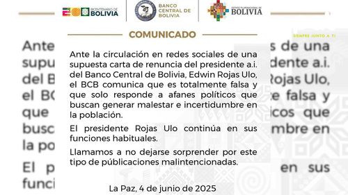 Banco Central de Bolivia desmiente renuncia de su presidente Edwin Rojas