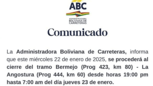 Cierre temporal de la carretera Bermejo - La Angostura
