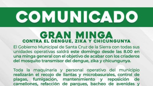 Gran minga municipal contra el dengue en Santa Cruz este domingo