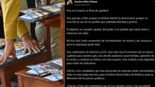 Jeanine Añez celebra resultado de la elección: “Que sea el comienzo de un nuevo capítulo para nuestro país”