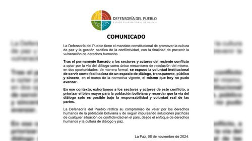 Defensoría del Pueblo llama a resolver conflictos mediante el diálogo para proteger la paz y los derechos humanos