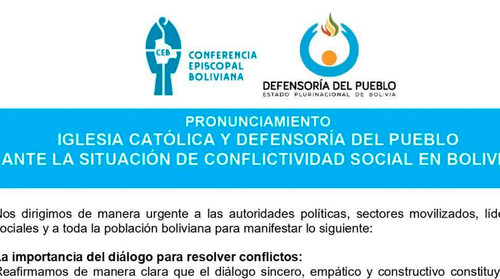 Iglesia Católica y Defensoría del Pueblo exhortan al diálogo ante la conflictividad social en Bolivia