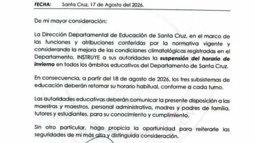 Santa Cruz suspende el horario de invierno desde este martes 18 de agosto
