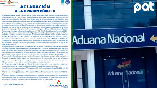 Aduana desmiente restricciones y aclara rol de Puerto Aguirre en combustible